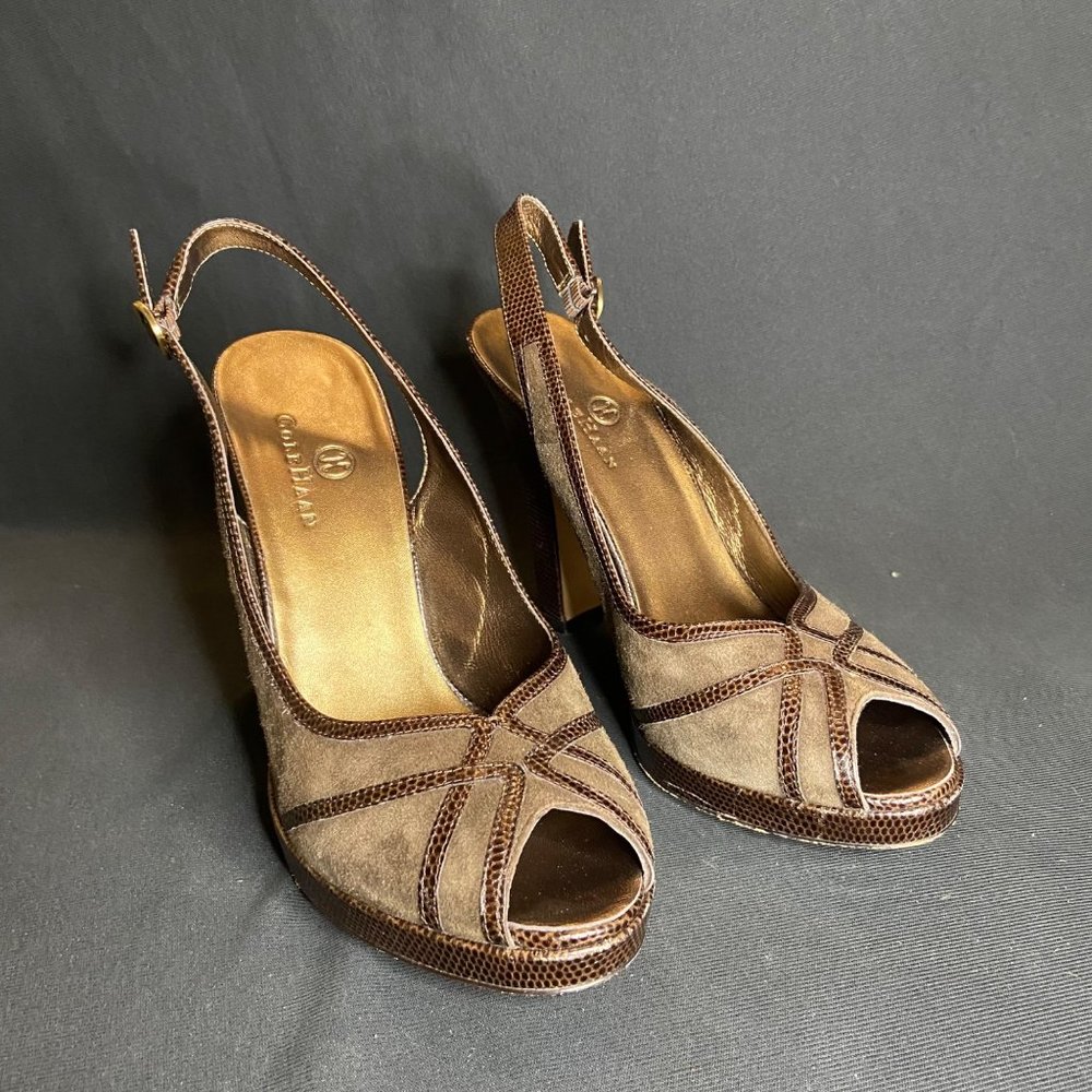 Cole Haan Heels Brown Satin and Snakeskin 7.5